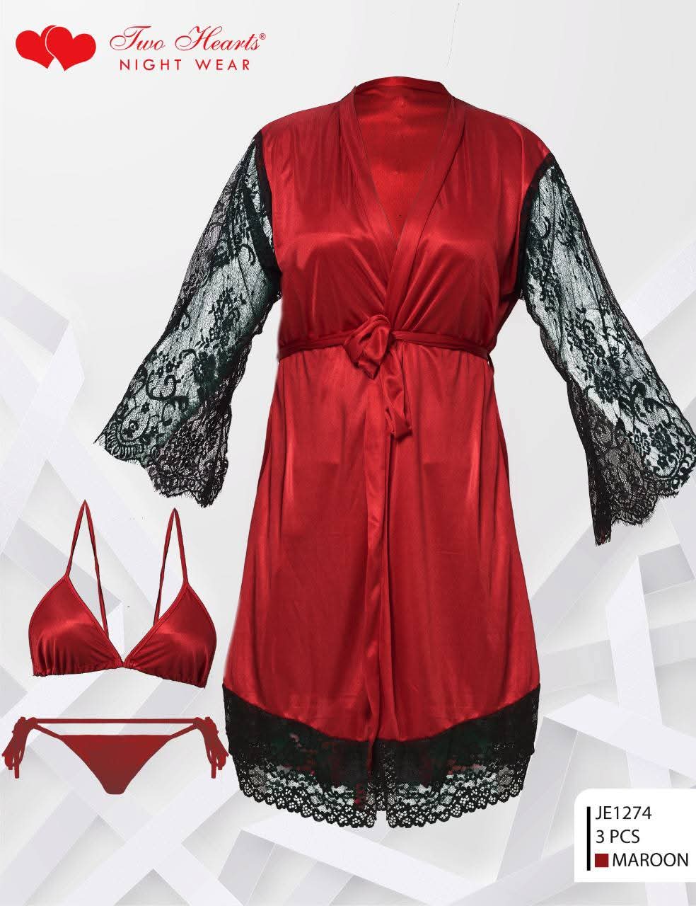 Two Hearts Imported 3-Pcs Satin & Lace Nightwear Set