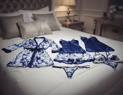 Two Hearts 6Pcs Silk Nightwear-Blue