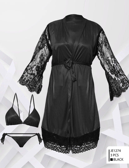 Two Hearts Imported 3-Pcs Satin & Lace Nightwear Set