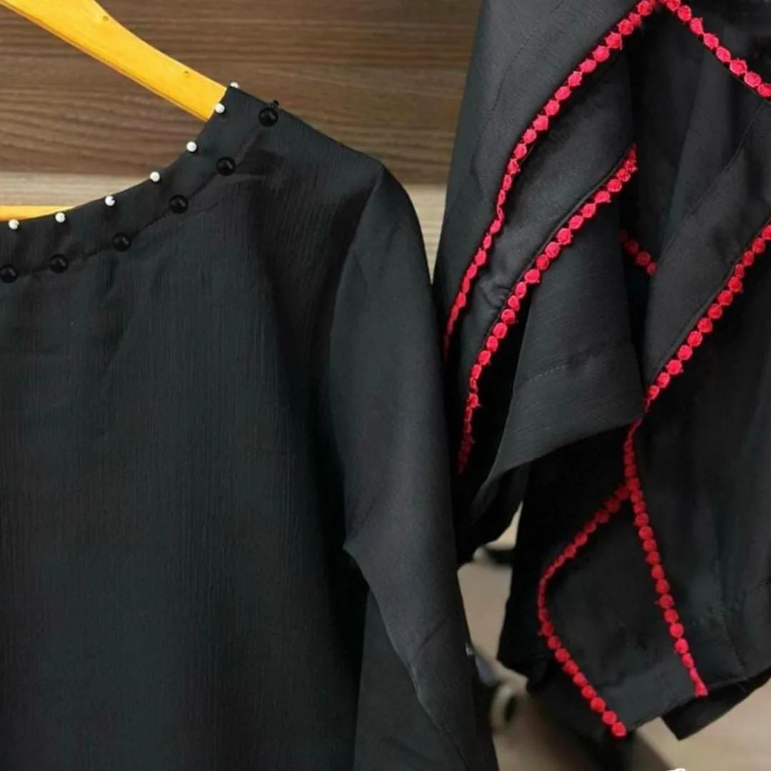 Black three piece stitched suit with Four Side Lace Dupatta