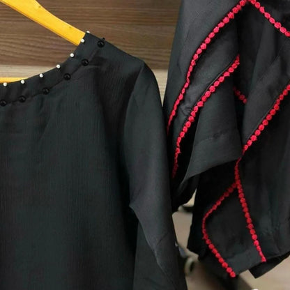 Black three piece stitched suit with Four Side Lace Dupatta