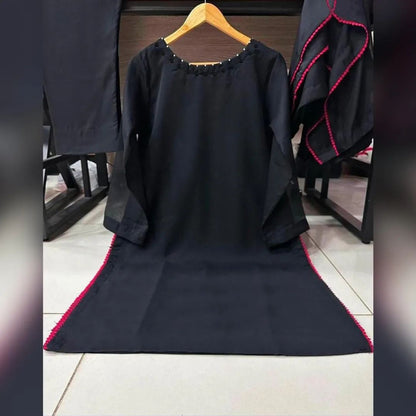 Black three piece stitched suit with Four Side Lace Dupatta
